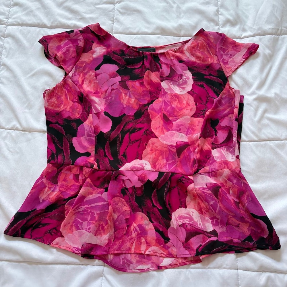 Worthington Pink Floral Peplum Blouse Cap Sleeve Rose Print Top XL Officechic